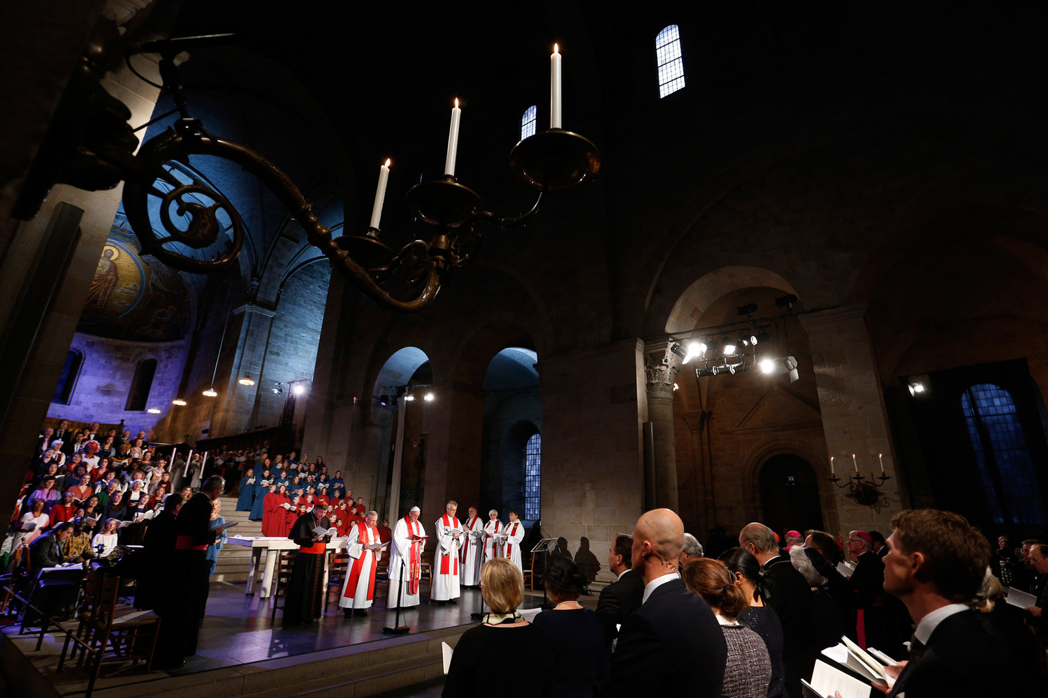 Pope Francis attends an ecumenical prayer service at the Lutheran cathedral in Lund, Sweden, Oct. 31. For the first time in 500 years, Lutherans in Sweden are welcoming Catholics to celebrate Masses in the cathedral.